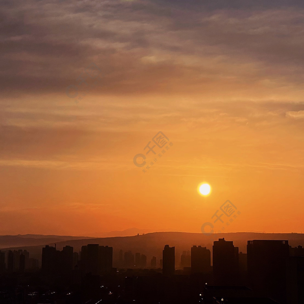 城市风景日出日落夕阳黄昏黎明暖色调