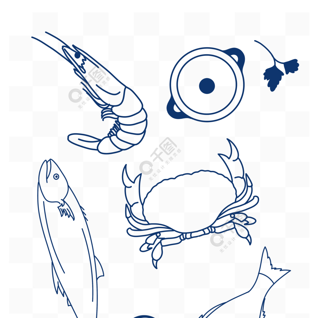 海鲜鱼类龙虾螃蟹简笔画矢量插图手绘线描稿