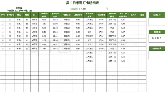 企业通用员工日常上下班考勤打卡明细表