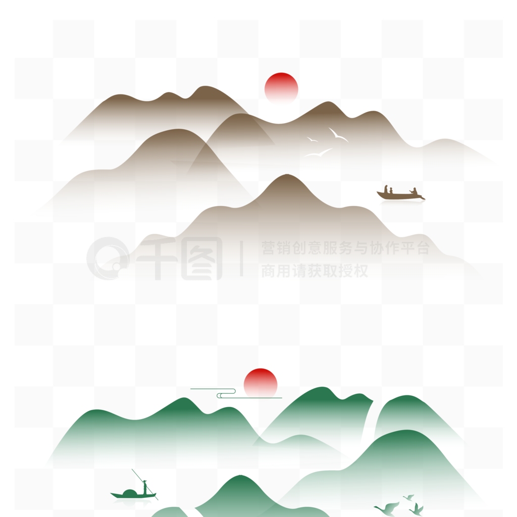 国潮中国风中式水墨山水山纹飞鸟装饰素材