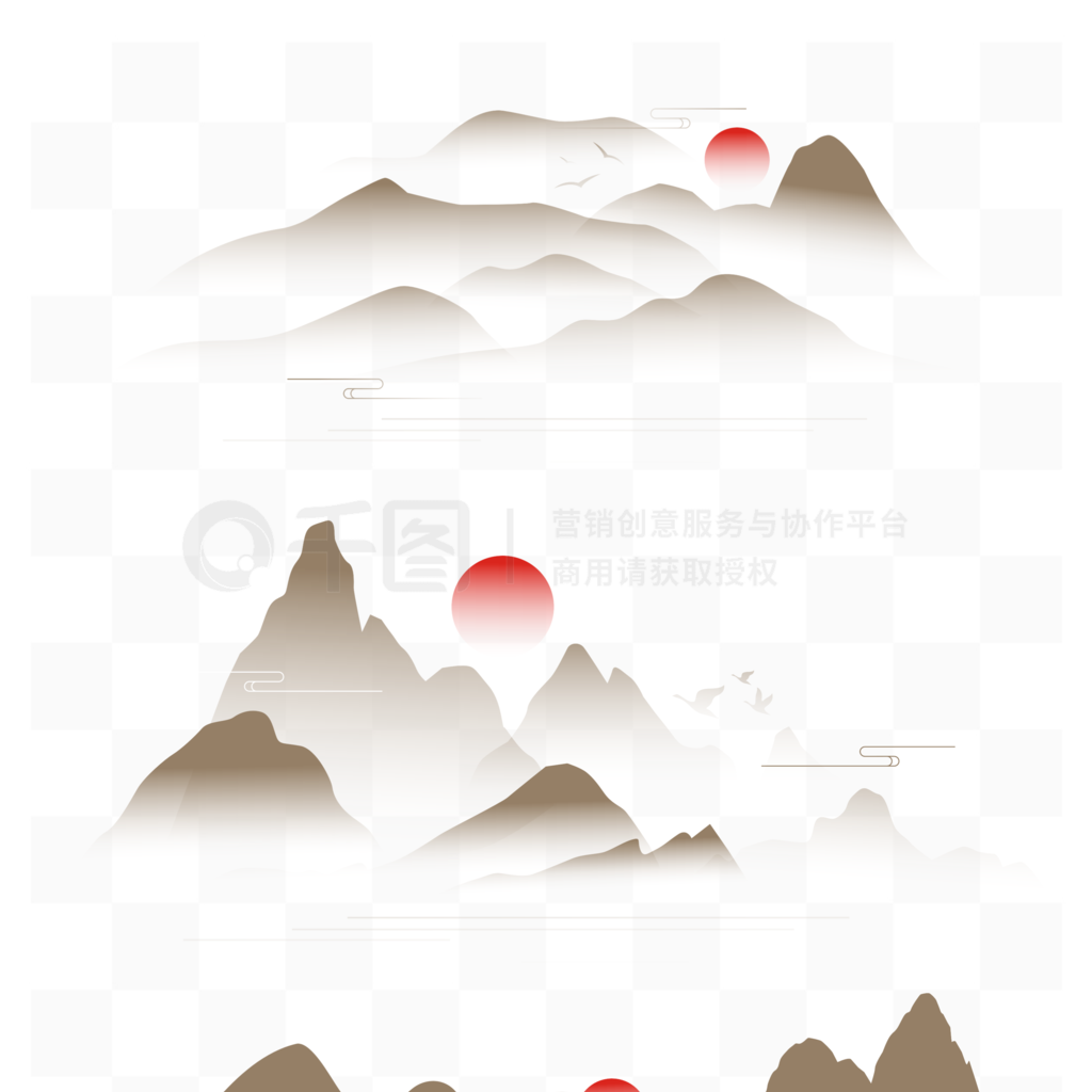 中国风中式水墨祥云山水山纹飞鸟装饰素材