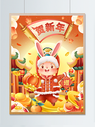 手绘兔年插画兔子拿灯笼春节新年节日兔子