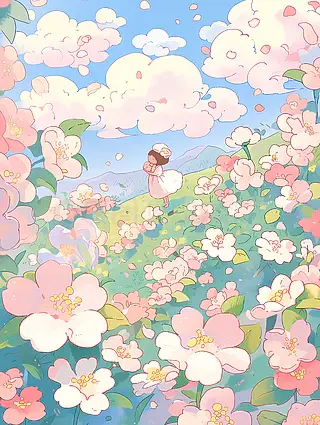 樱花季有一个可爱的小女孩从高空俯视着樱花花园春天插画背景