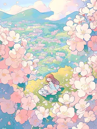 樱花季有一个可爱的小女孩从高空俯视着樱花花园春天插画背景