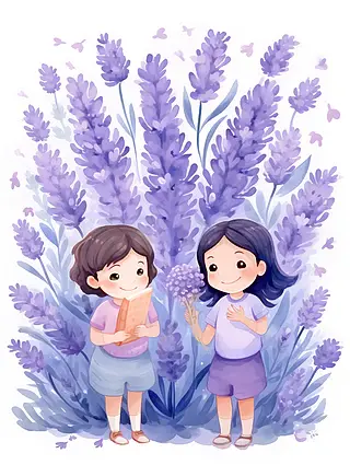 手绘水彩植物花卉薰衣草和紫色可爱小女孩儿童插画