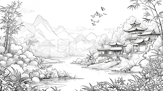 春天的桃花古建筑山水风景黑白线条插画