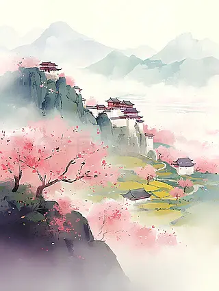 樱花季烟雨樱花开江南的中国水墨画春天插画背景