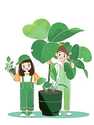 男孩和女孩站在盆栽绿色植物前扁平插画