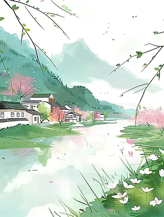 春暖花开的江南水乡风景插画