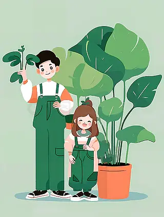 男孩和女孩站在盆栽绿色植物前扁平插画