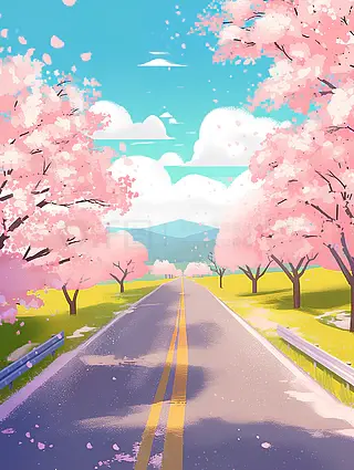 樱花季道路两旁盛开着樱花春天插画背景