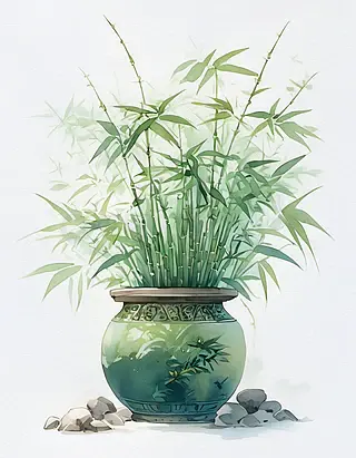 手绘水彩板绘绿仙洞龟背竹植盆栽插画