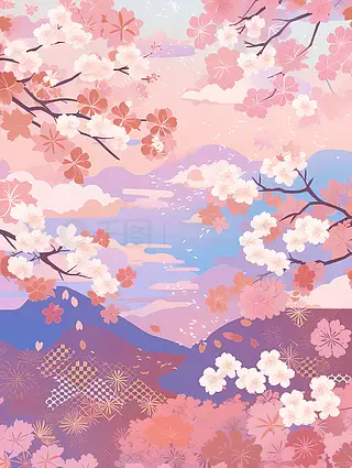 樱花季日本浮世绘风格的樱花图形春天插画背景