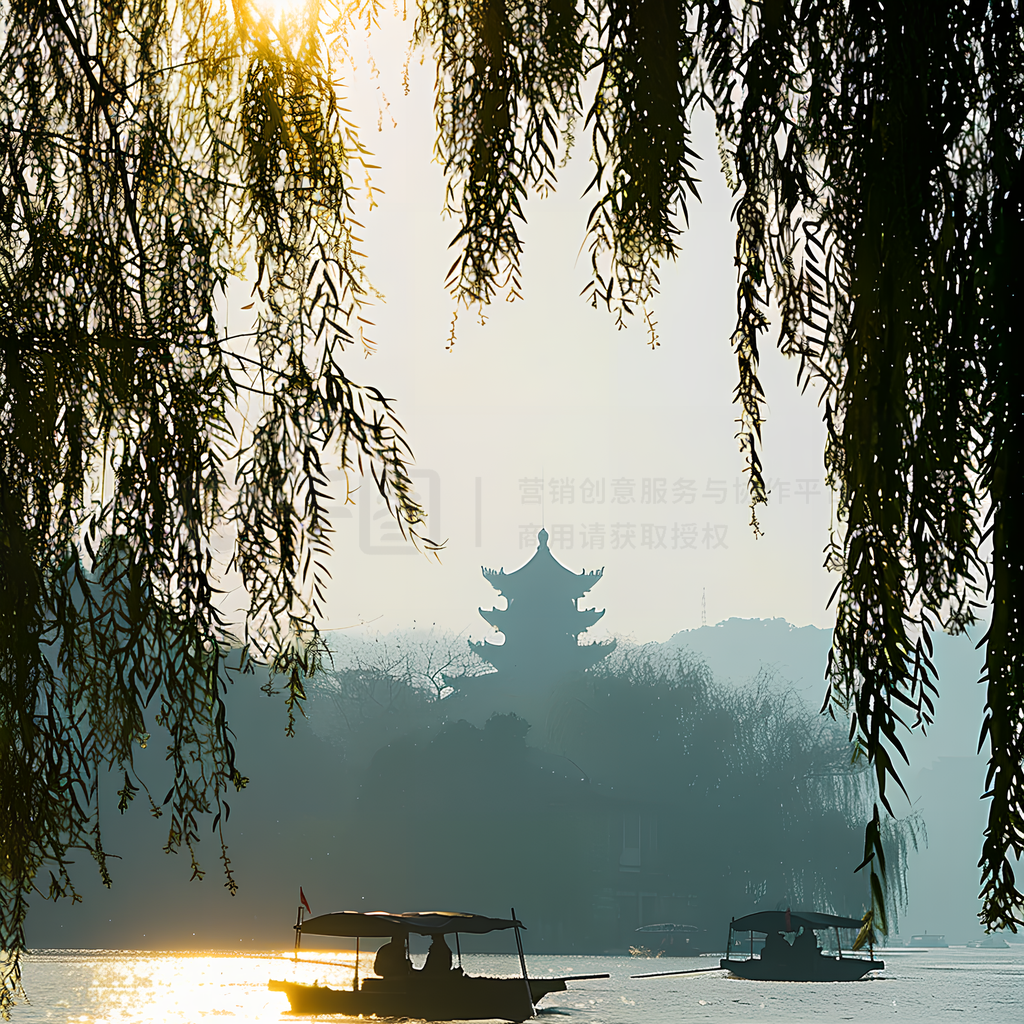 春天春季春日柳树中国杭州西湖渔船剪影图片，柳树风景自然摄影图