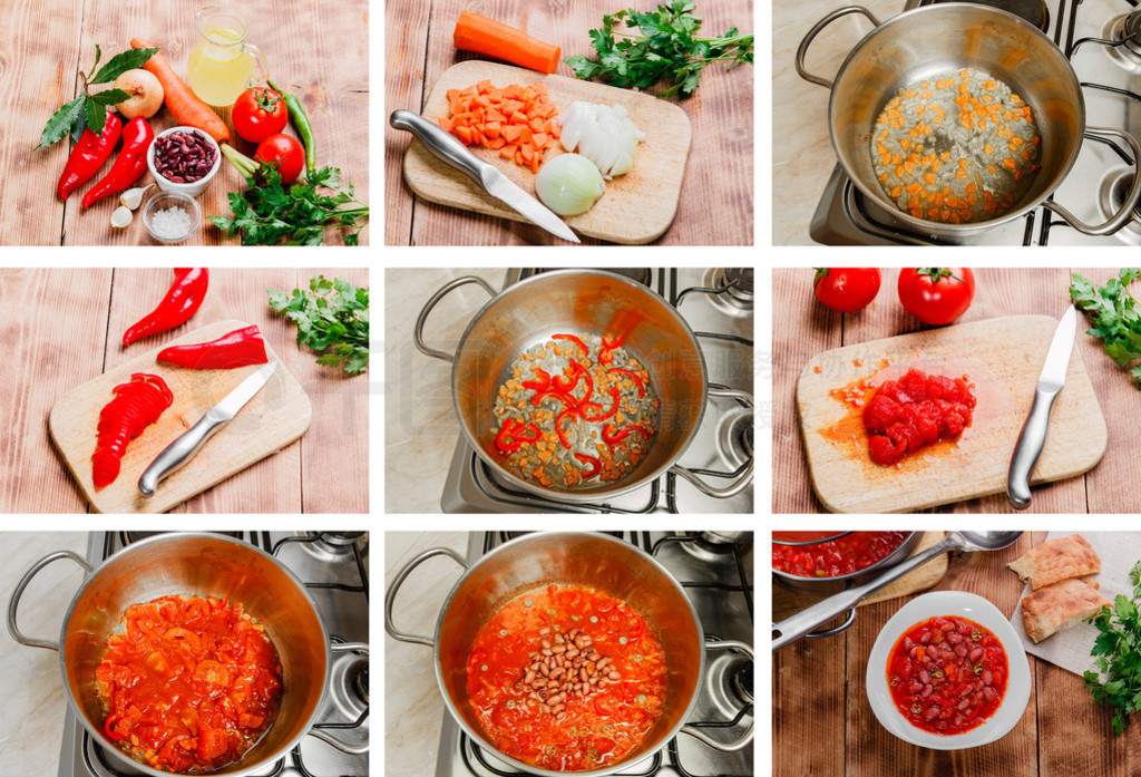 step?by step cooking soup dish with tomatoes peppers and red bea