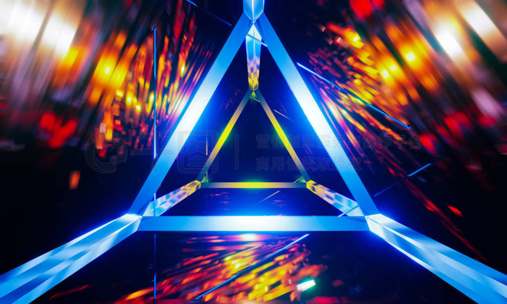 Abstract colorful VJ tunnel with metal and blue triangle lines.