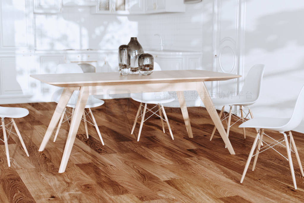 Wooden midcentury table in white kitchen 3d render