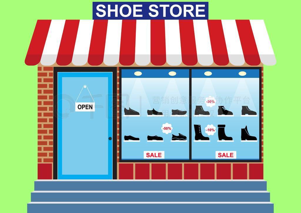 s shoes shop, shop window, discounts -10% -30% -50%, banner