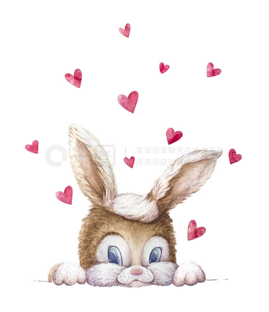 Cute Bunny. Kids personage. Hearts flying. White background. New