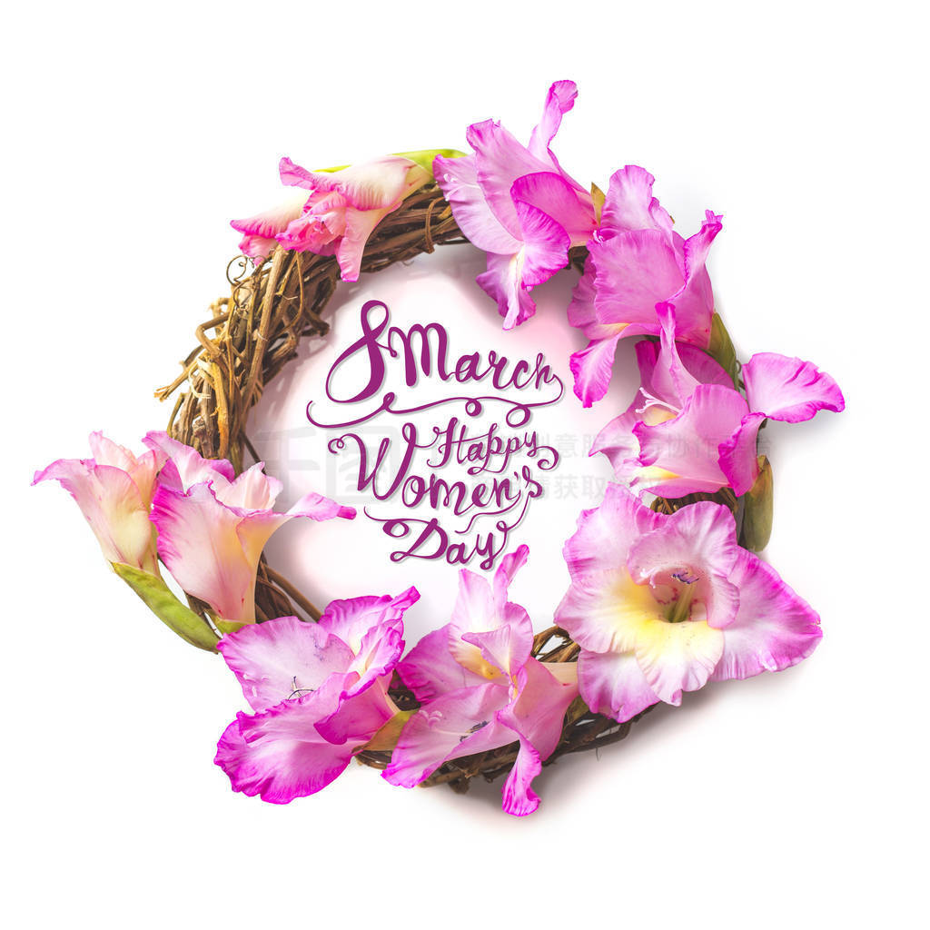 8 March. Happy women day. Wreath of pink gladiolus flowers