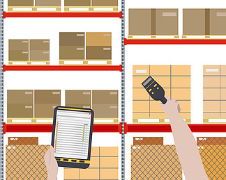 工人与货物使用条码扫描器检查大型仓库.矢量图