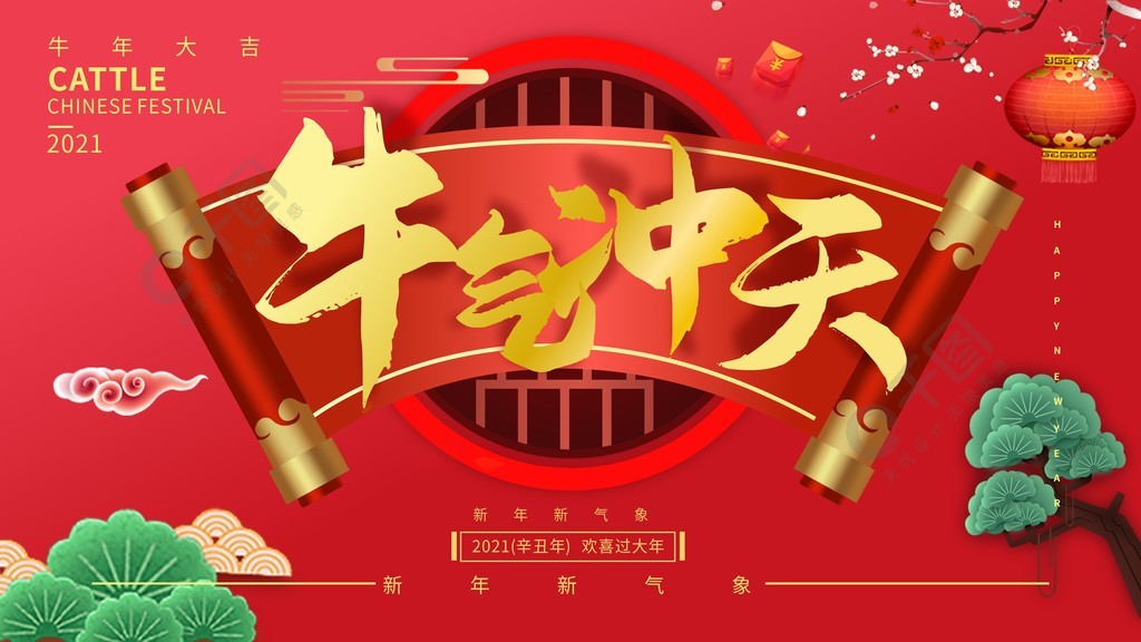 牛气冲天牛年大吉2021新年快乐活动展板