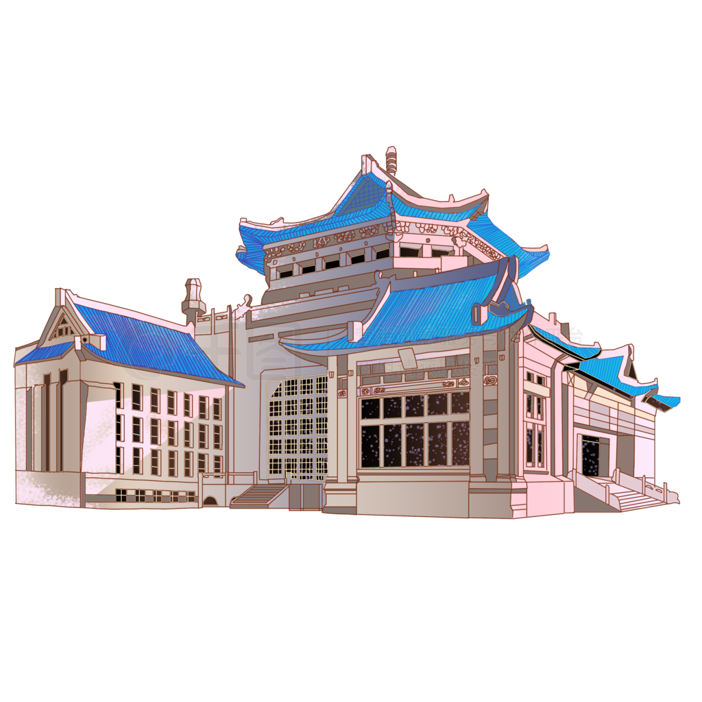 国潮插画风格武汉大学图书馆