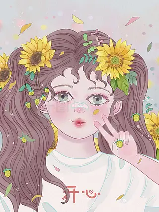 原创手绘小清新水彩风向日葵女孩头像插画