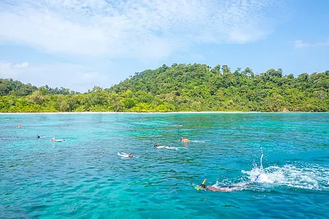 面具和浮潜在海滩上潜水