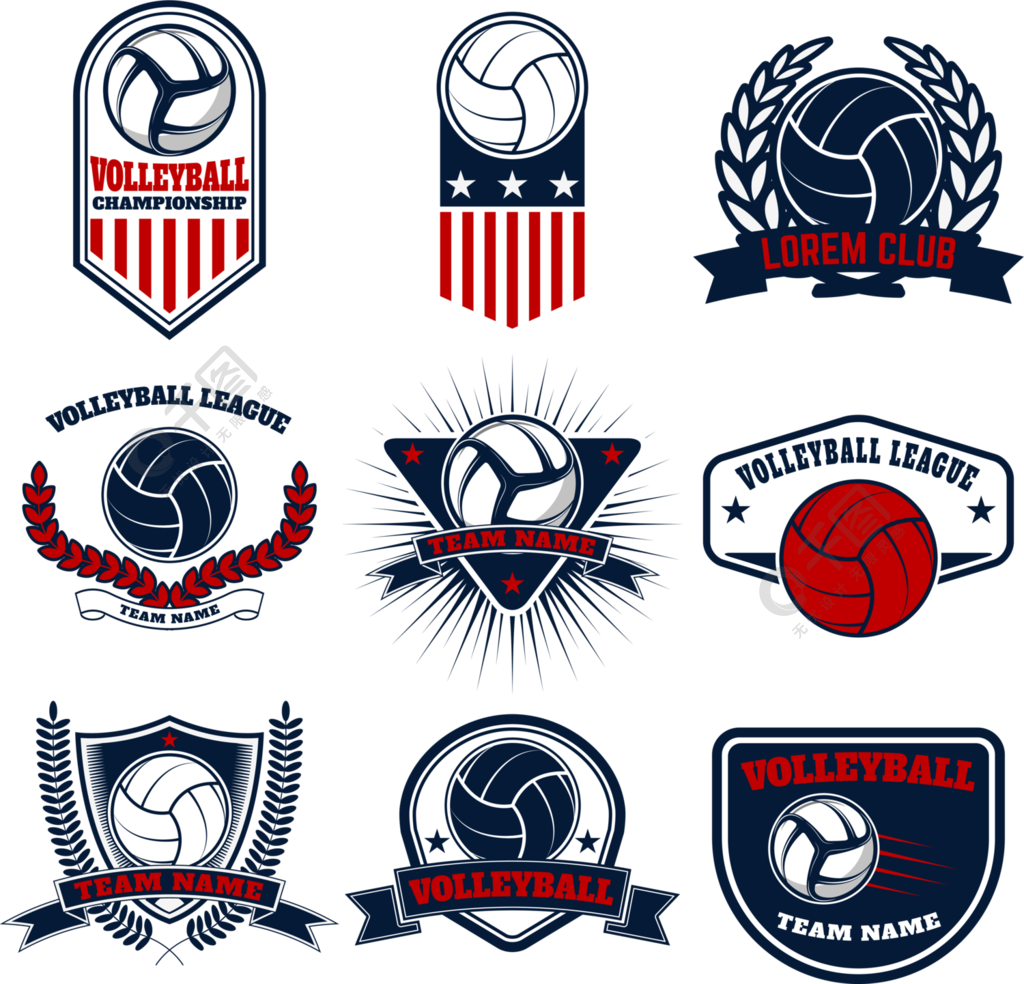 套排球标签和标志徽标,标签,标志,徽章,标志的设计元素向量例证