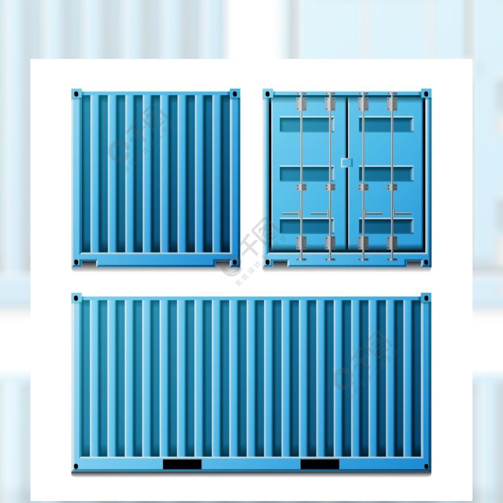 蓝色货箱传染媒介现实的金属经典货运集装箱货运概念运输模拟正面和