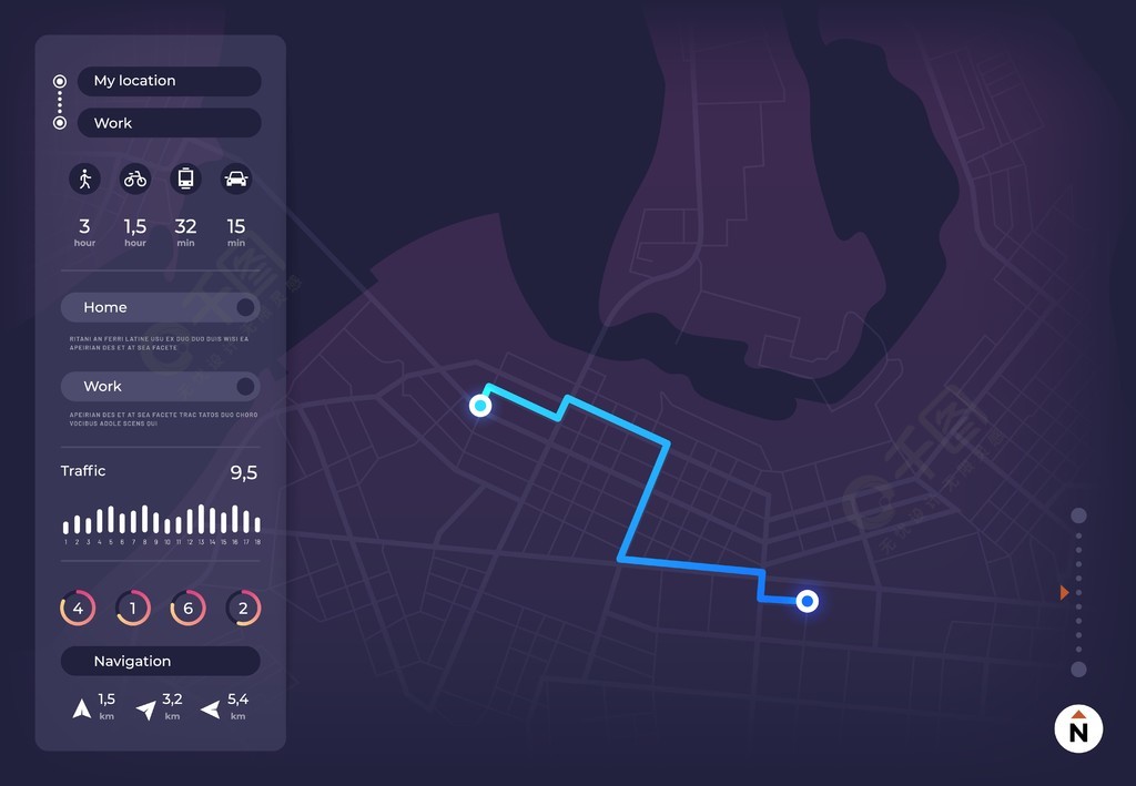 界面应用程序路线图跟踪器矢量ui导航街市镇gps路线图导航图具有城市