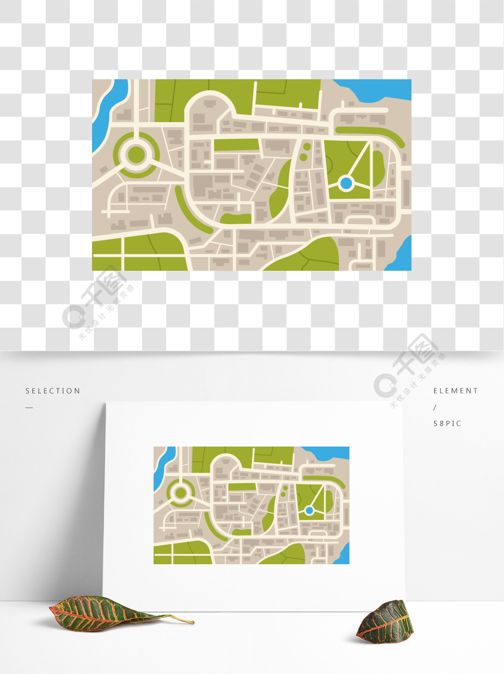 城市导航地图平面图的街道公园和河流的顶视图,简单的卡通城市地图