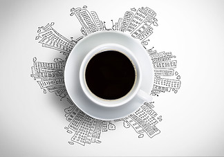 咖啡時間一杯咖啡在素描背景下的概念性表示圖