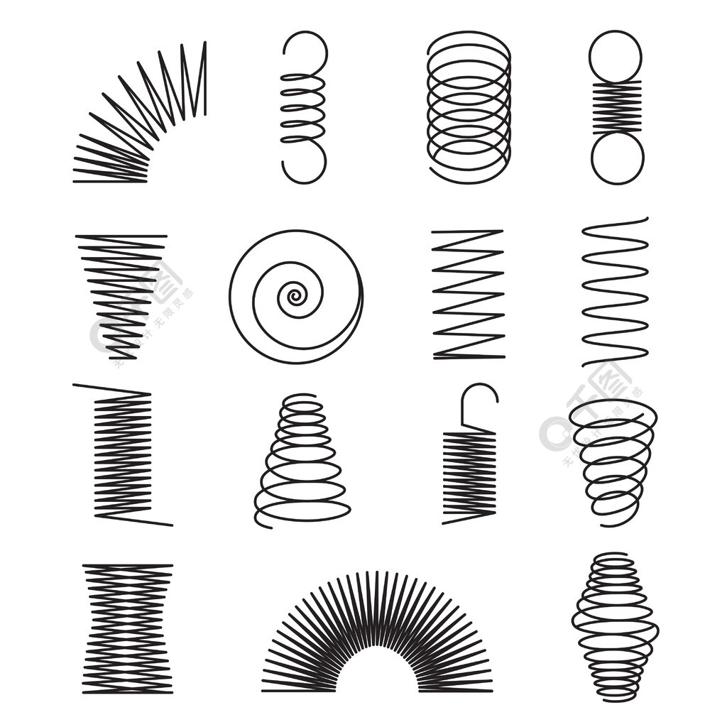 金属弹簧螺旋线,线圈形状孤立的矢量符号螺旋和弹簧柔性线的插图金属