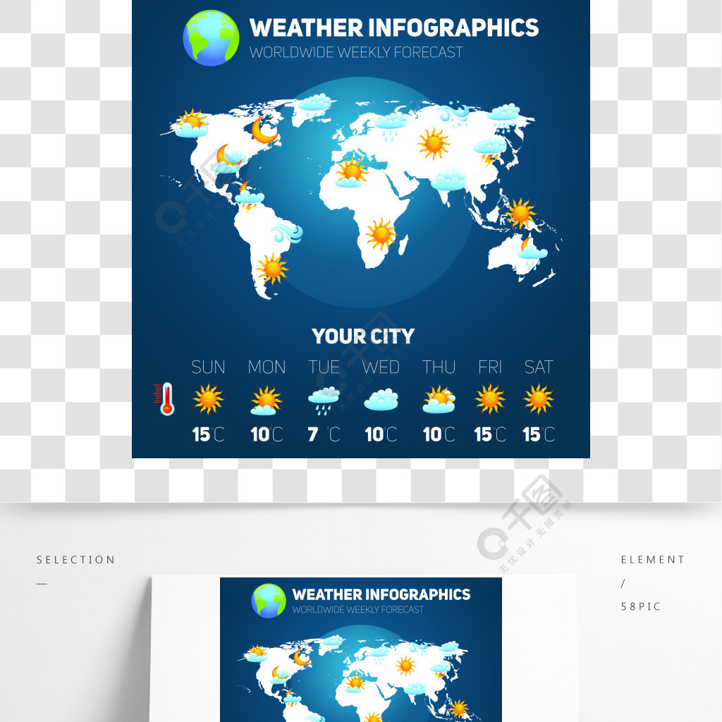 天气预报信息图表集与气象标志和世界地图矢量图