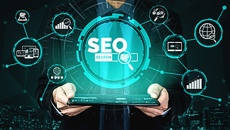 SEO-在線營銷概念的搜索引擎優化通過優化客戶搜索和分析市場策略，現代圖形界面顯示關鍵字研究網站推廣的符號
