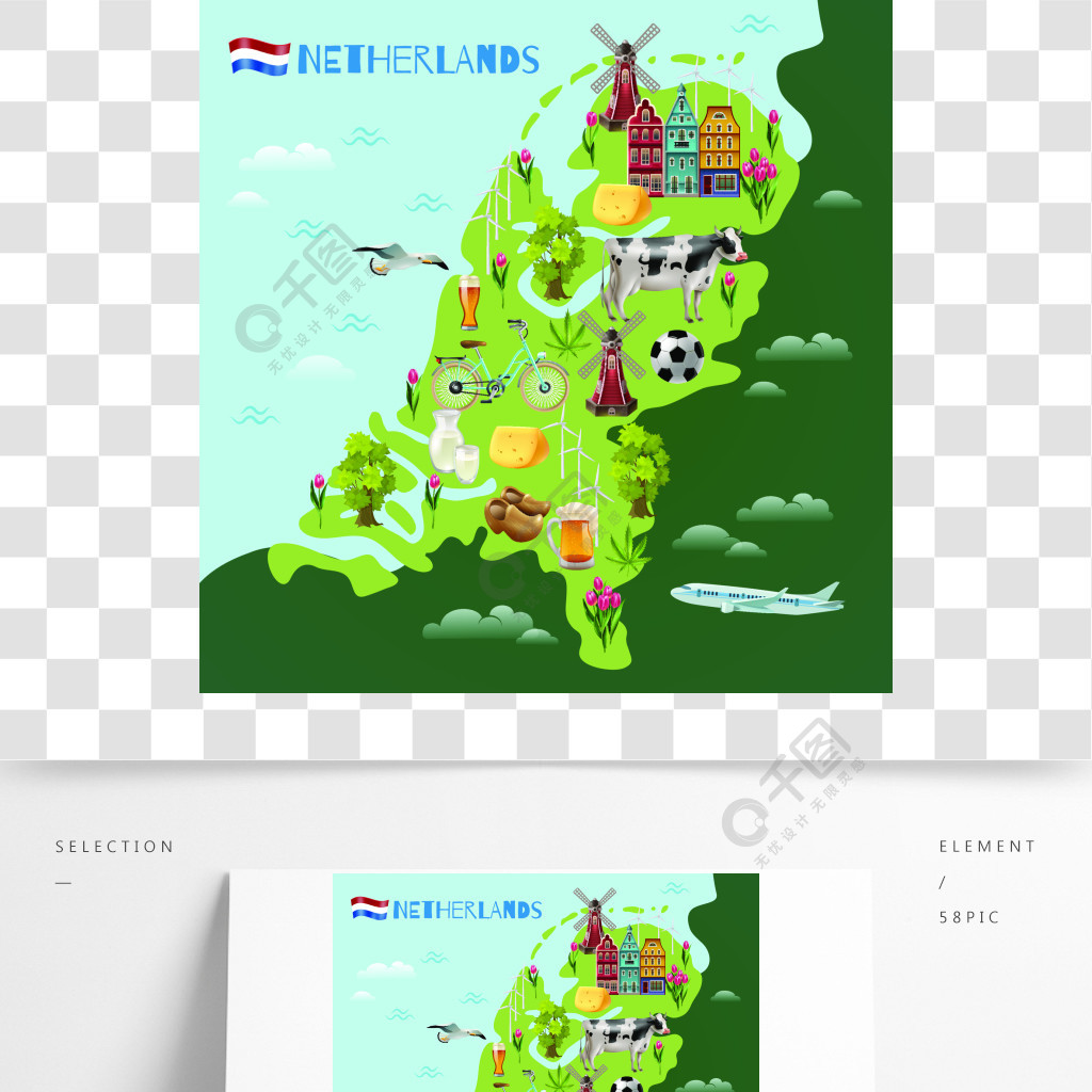 荷兰文化旅行地图海报荷兰旅游观光地图与文化传统国家奶酪啤酒堵塞