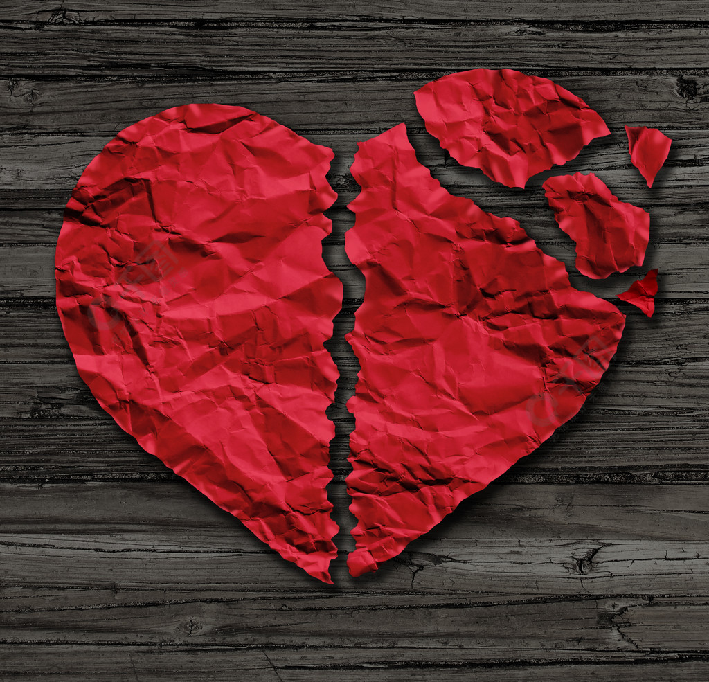 伤心破裂概念作为分离和离婚象作为红色被弄皱的纸塑造了作为在土气老