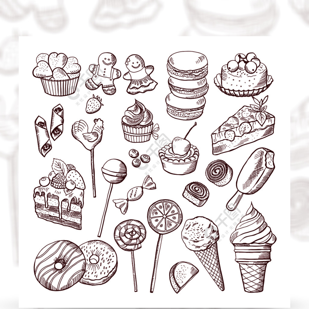 导航不同的点心甜点和蛋糕的乱画图片甜蛋糕剪影乱画,甜食物的例证