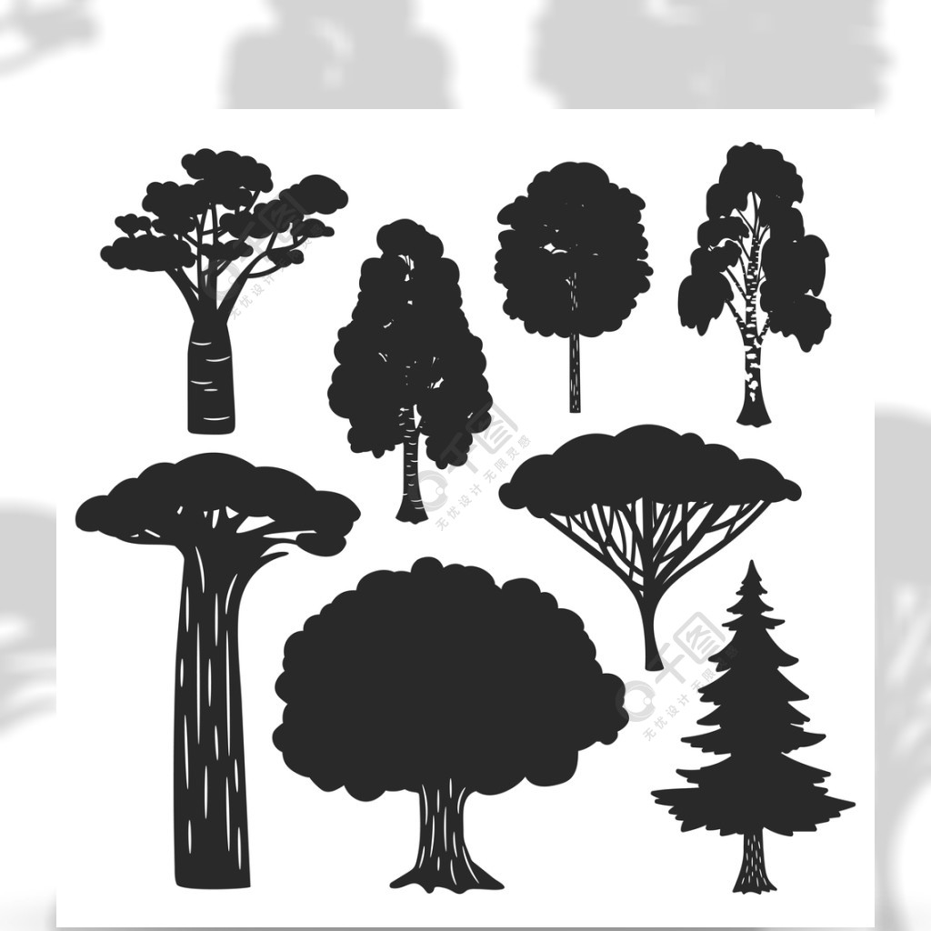 导航树在白色背景隔绝的森林黑色剪影桦树和橡树,常绿松树剪影图孤立