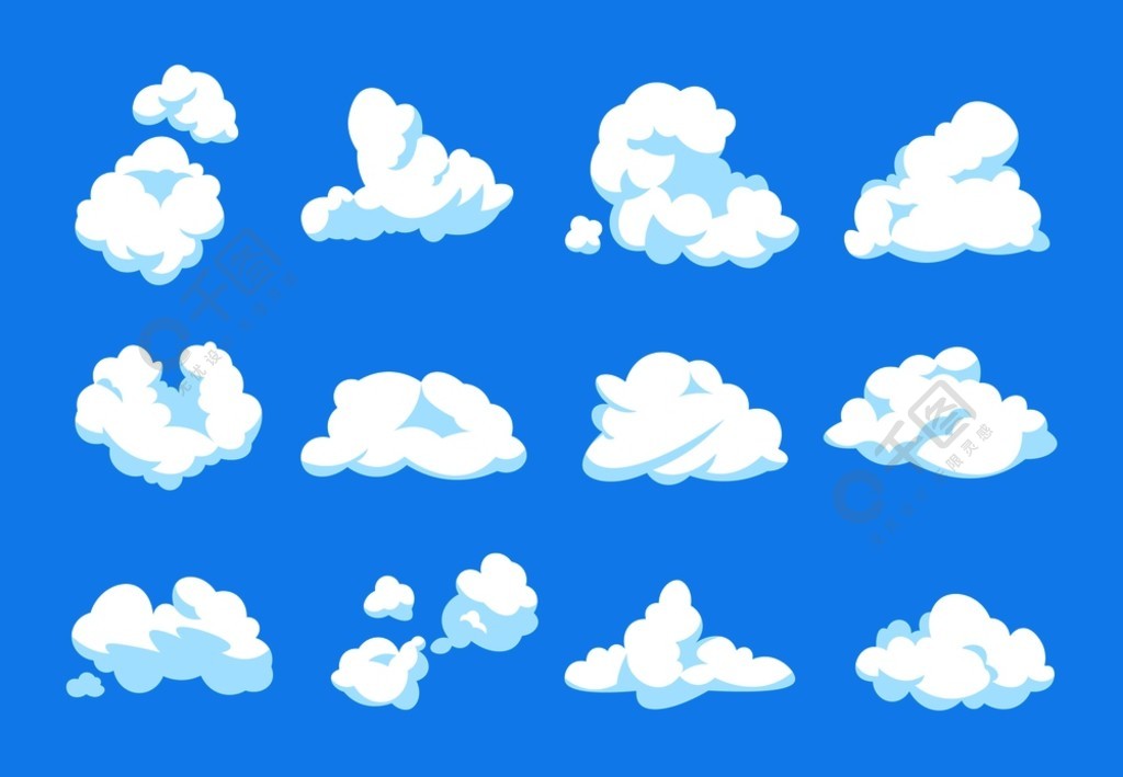 卡通云蓝天全景天堂大气复古2d蓬松白色元素平多云的形状矢量云集卡通