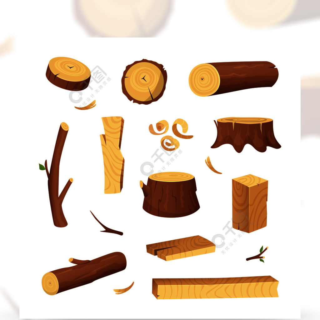木材工业用材料木材,树干在卡通风格中设置的矢量图片木树干,木柴材料