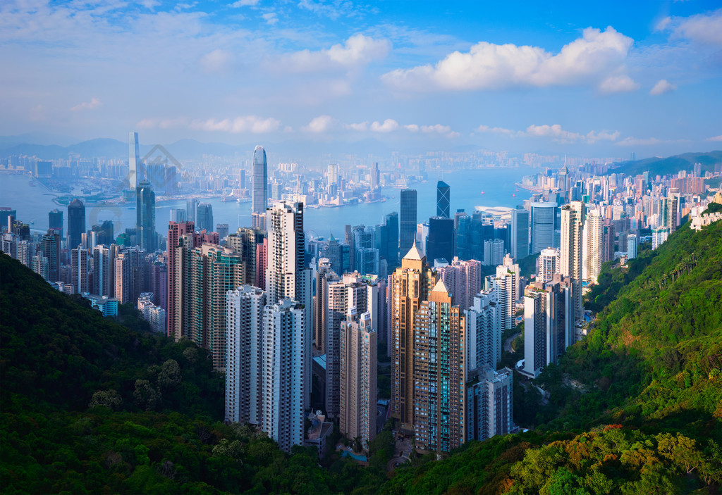 香港著名看法香港摩天大楼地平线从太平山的都市风景视图在日落中国