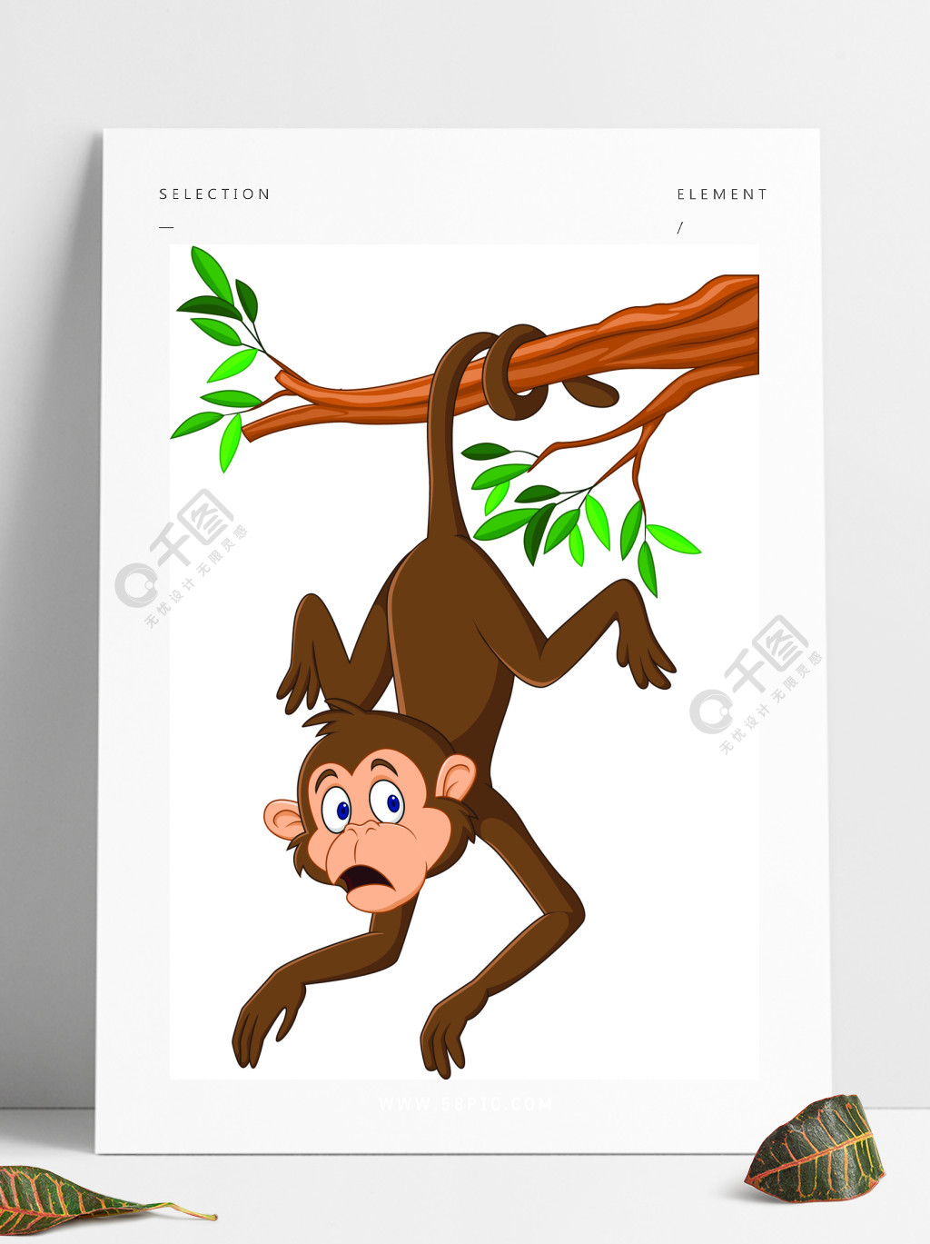 卡通猴子挂在他的尾巴的树枝上