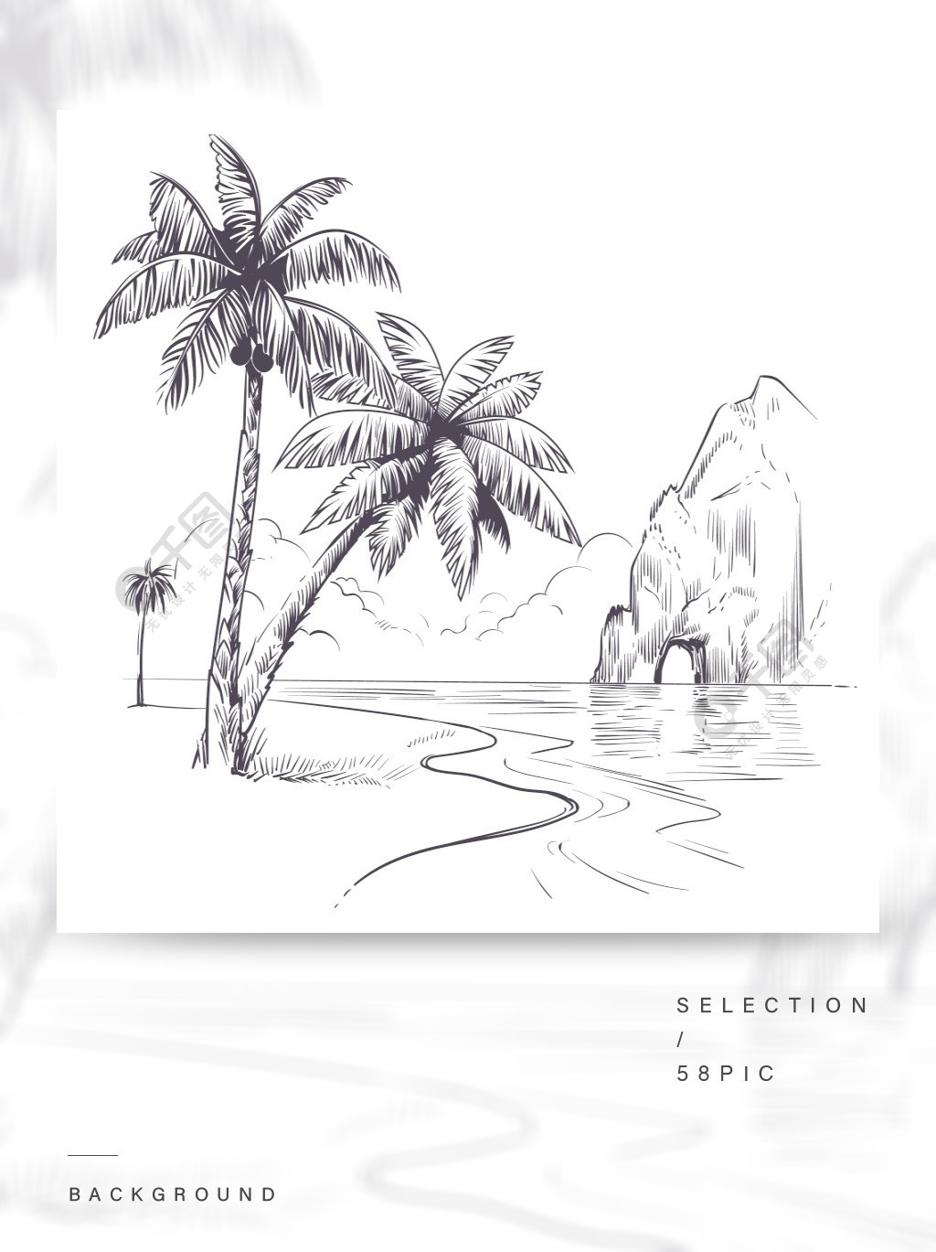 速写热带棕榈海洋海岸,异国风情岛夏威夷natura暑假海报手绘矢量铅笔