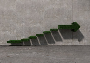 成長和進步的概念混凝土房間與綠色圖樓梯在墻上