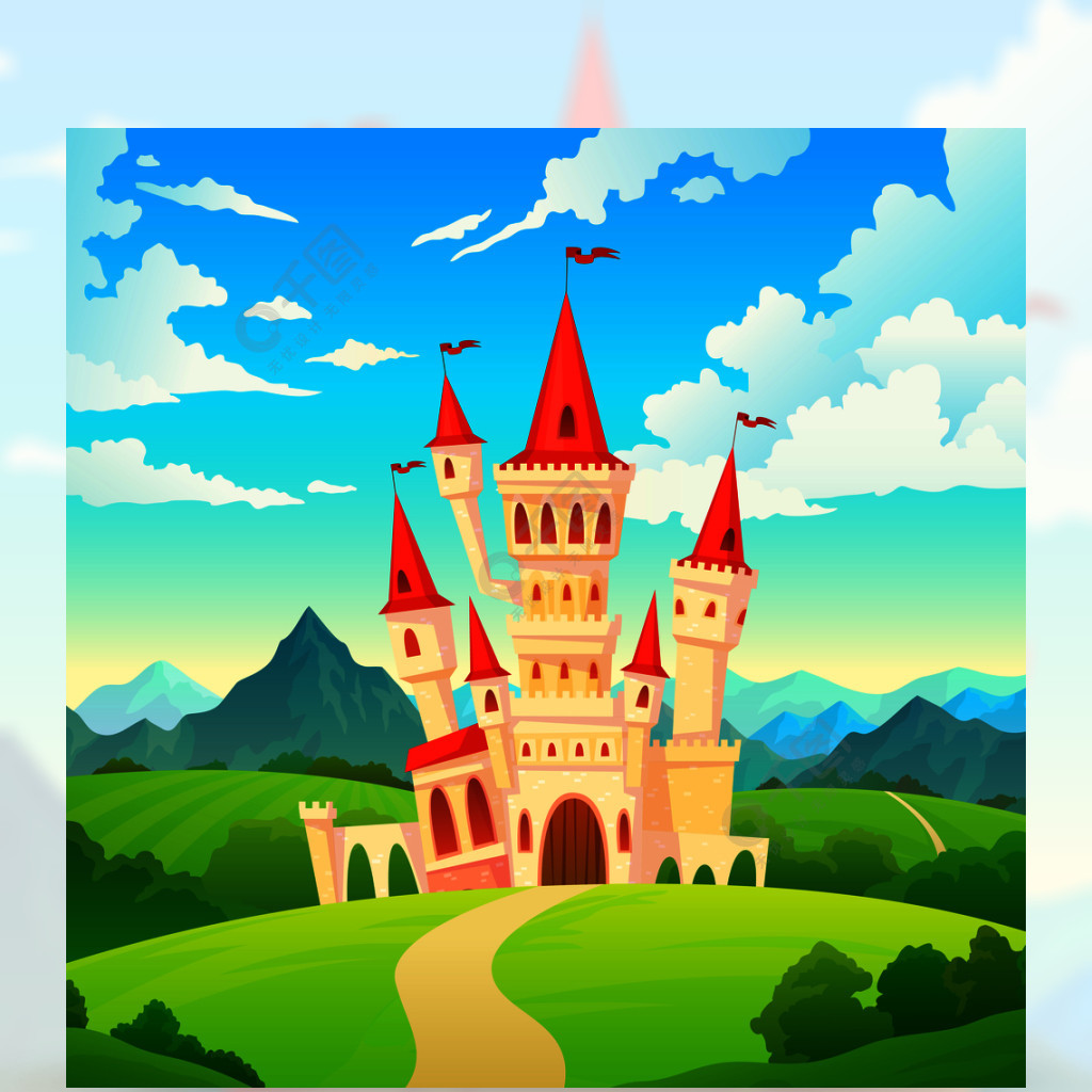 城堡风景宫殿童话王国魔术塔中世纪豪宅城堡山林绿色山幻想卡通矢量