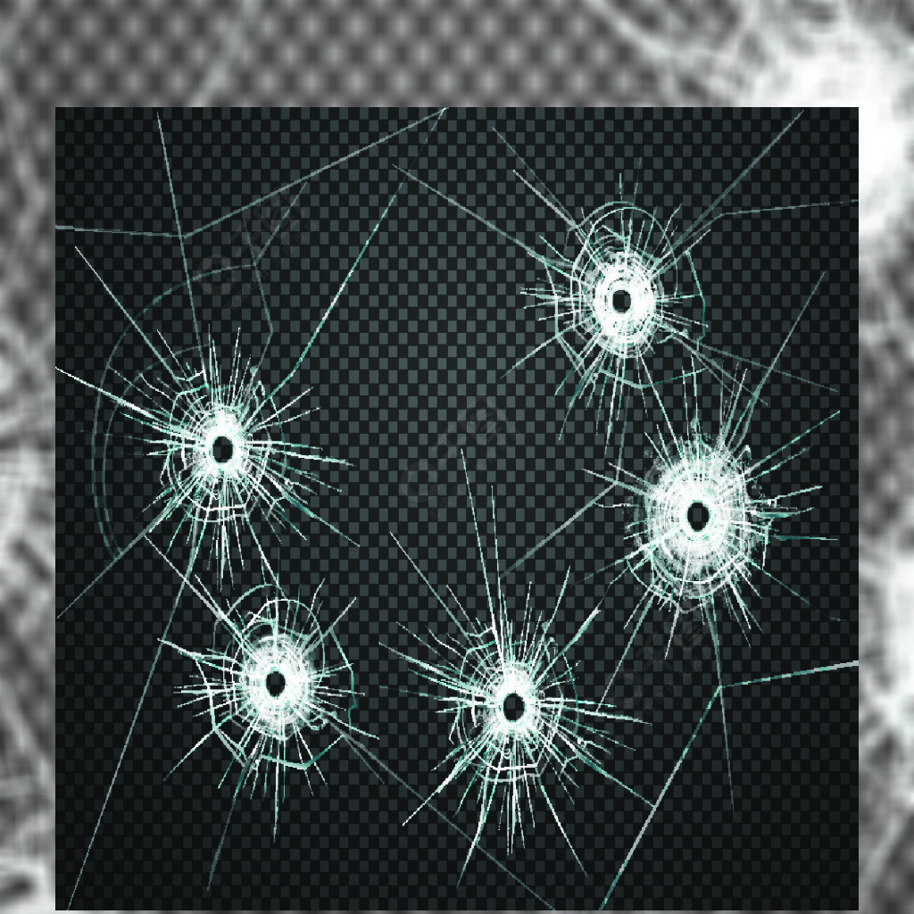 玻璃特写现实形象中的五个弹孔反对黑暗的透明背景矢量图