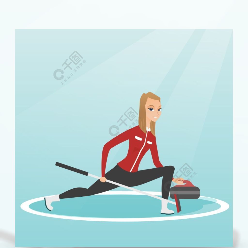 女运动员玩冰壶在溜冰场上白种人冰壶球员与石头和扫帚冰壶运动员在冰